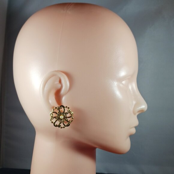Vintage Gold Tone Flower Motif Faux Pearl Earrings - Picture 2 of 7